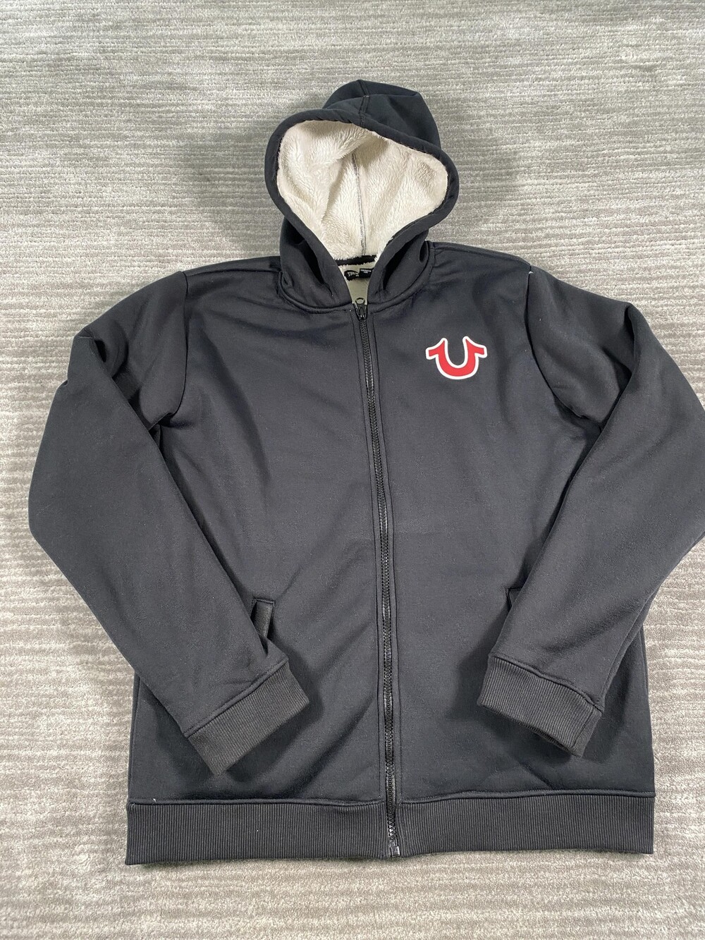 True Religion Hoodie Boys XL (18-20) Black Sherpa Lined Full Zip Logo Graphic